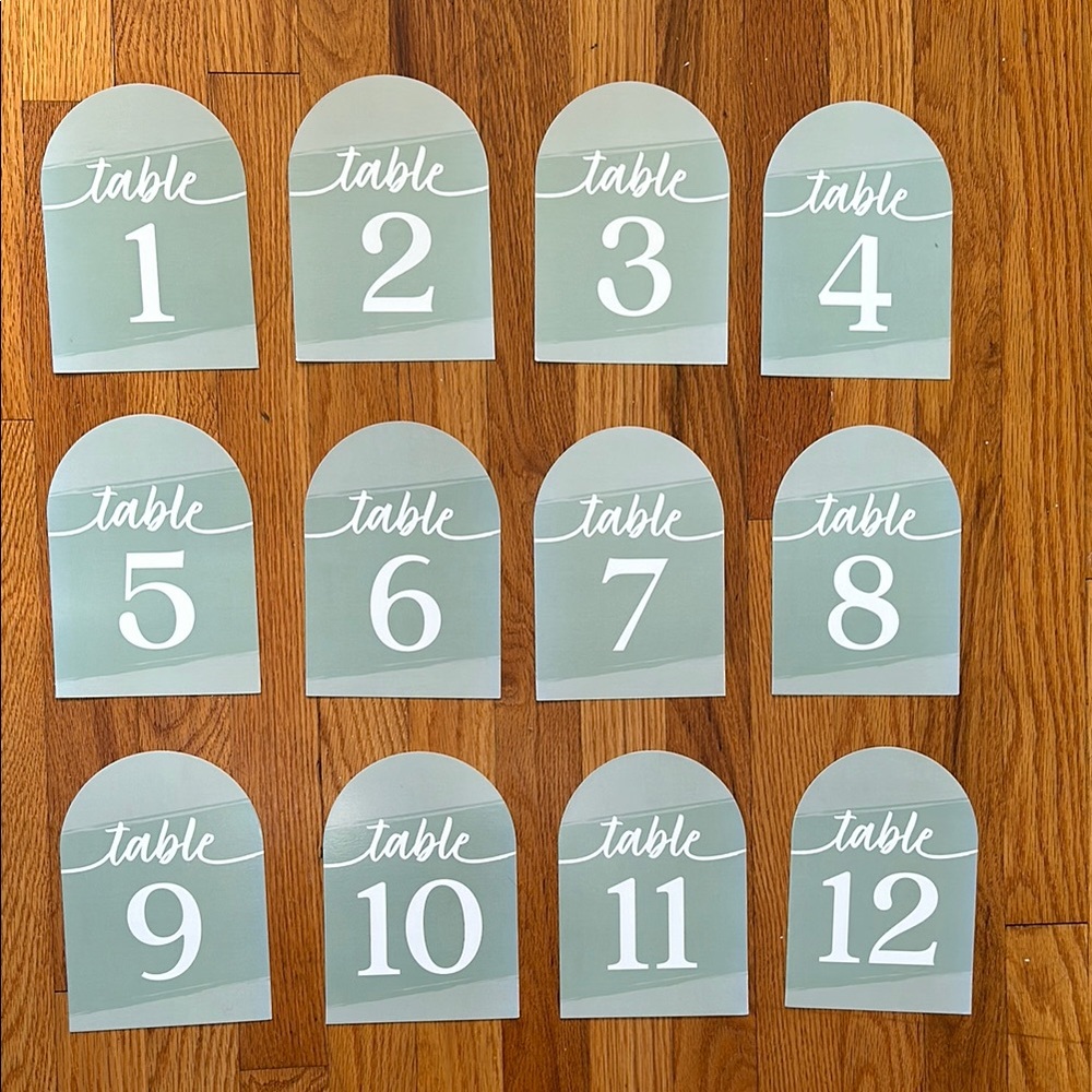 Set of 20 Sage Green Table Number Cards with wooden holders